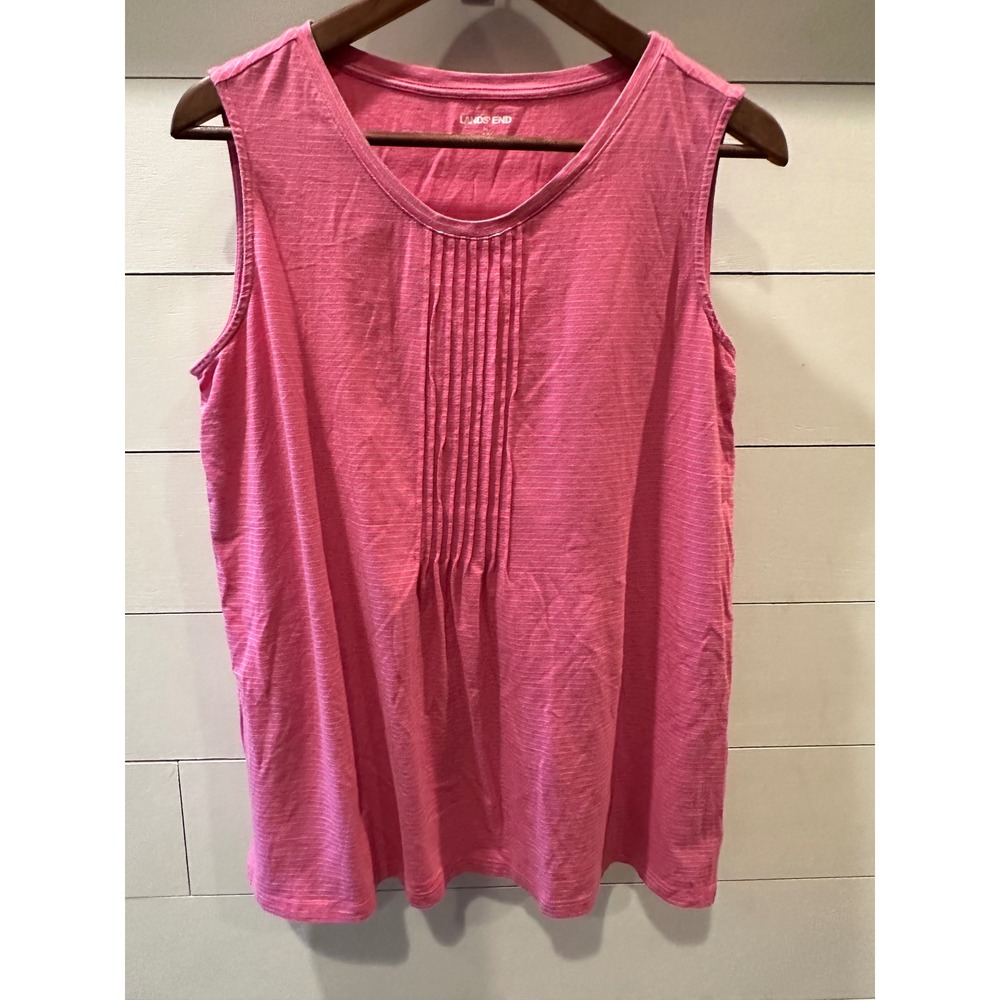 Lands End Pink Striped Pintuck Sleeveless Tank Top Medium 10-12 Cotton Blend